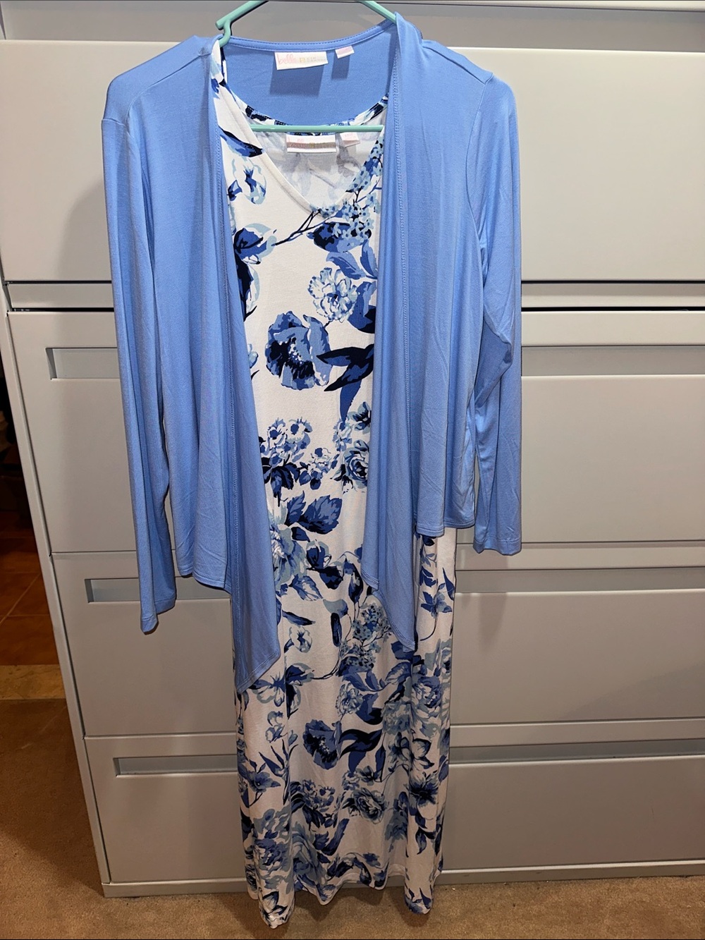 Belle by Kim Gravel Blue Floral Maxi Dress with Light Blue Cardigan